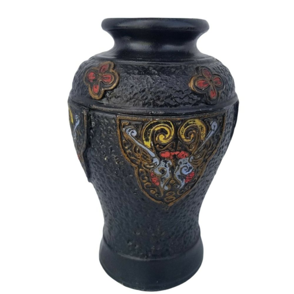Vintage Tokanabe Ware Art Pottery Vase Made in Japan 1920s Black Decor textured